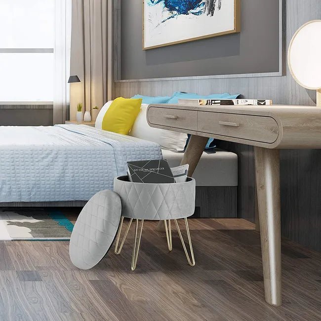 Tabouret Velours - VelvetRoundPuff™ - Gris Clair - Ma maison exquise